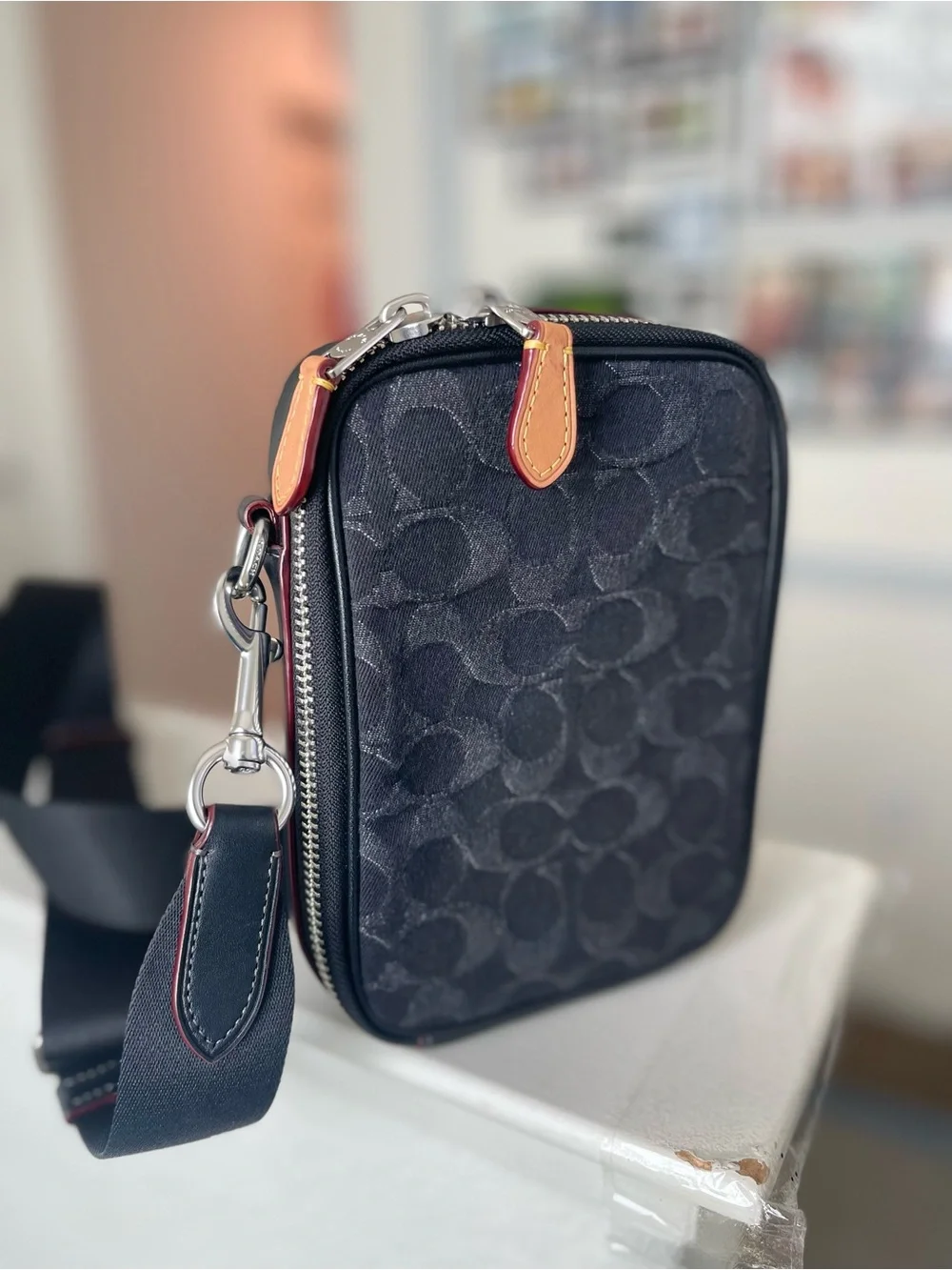 Black Patterned Men's Crossbody Bag with Contrast Trim